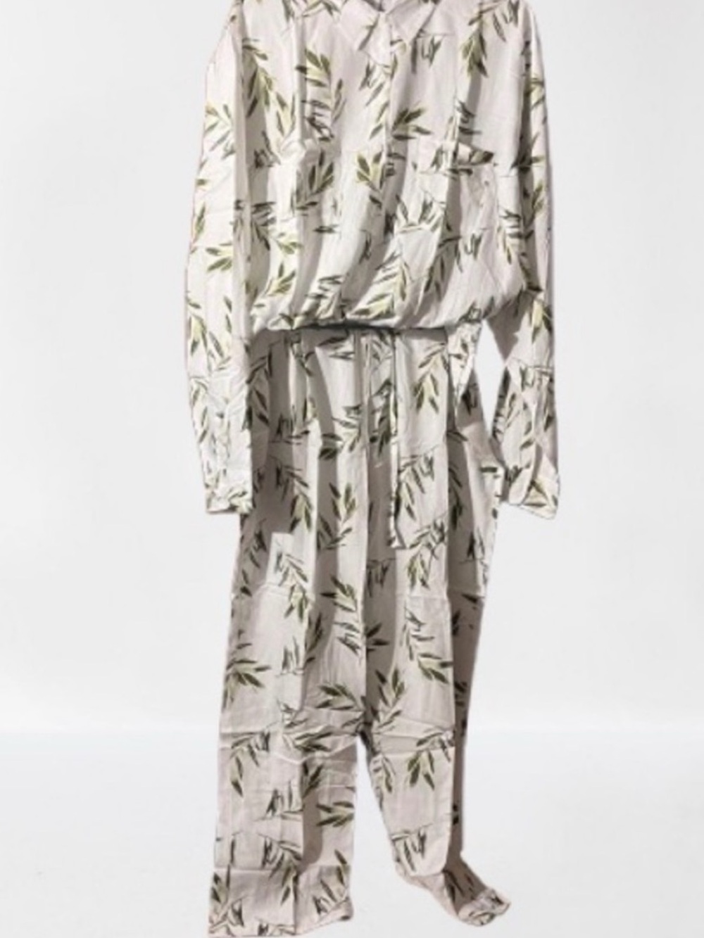 Piyama Marlon Leaf Print Cotton Pajama Set in Cream and Olive Medium Shirt/Pant - Picture 2 of 11